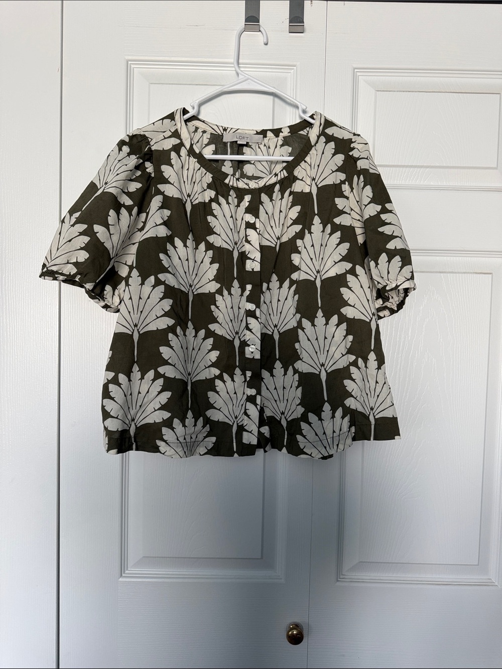 LOFT Olive and White Botanical Button-Front Top